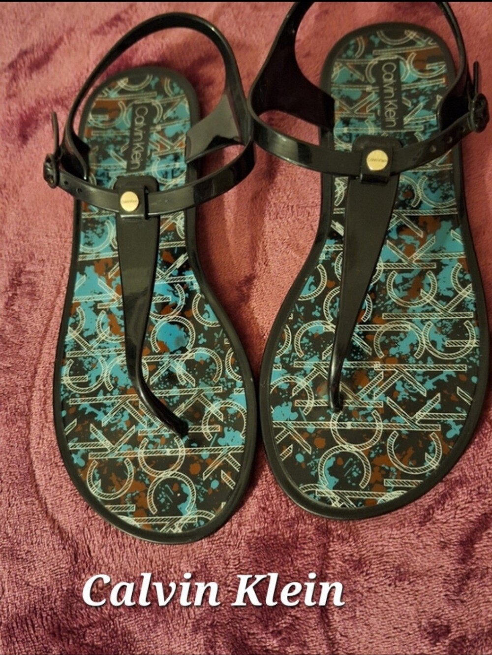 Calvin Klein Black T-Strap Jelly Sandals with Blue Patterned Footbed